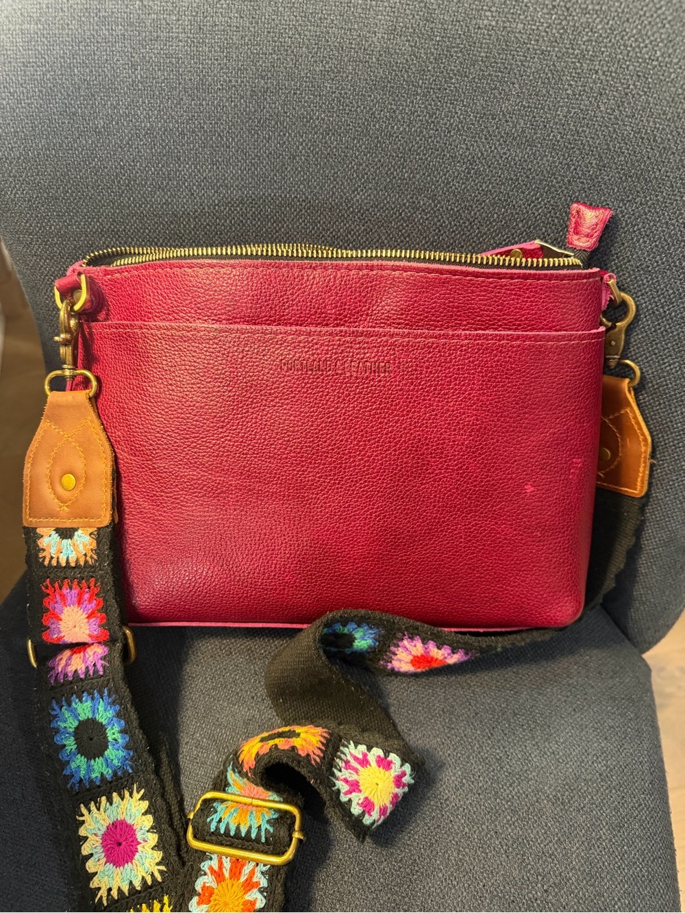 Portland Leather Raspberry Crossbody with Embroidered Floral Strap